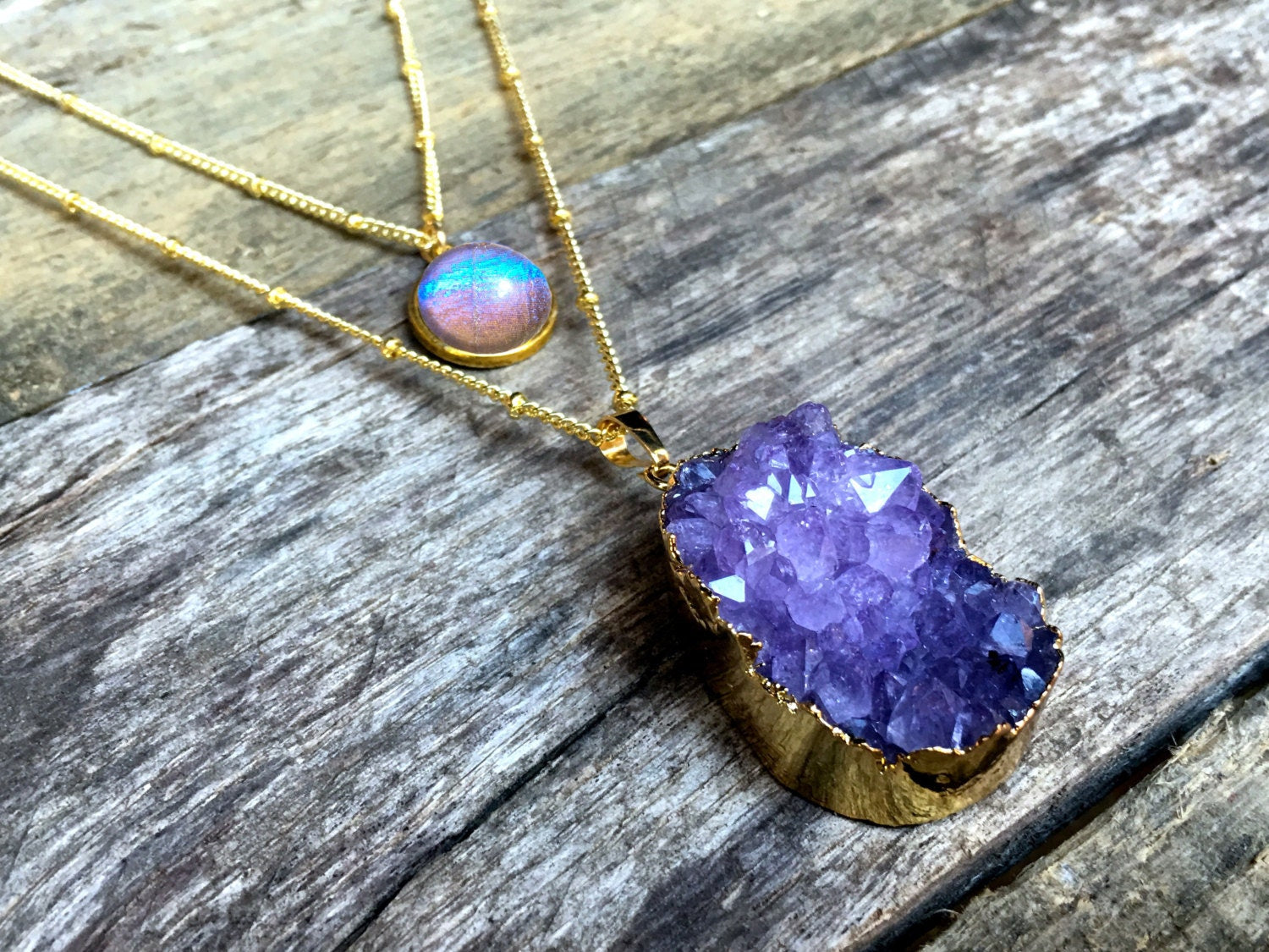Gold multistrand necklace Real butterfly wing necklace Raw Amethyst geode necklace Long layered Amethyst necklace Purple quartz necklace