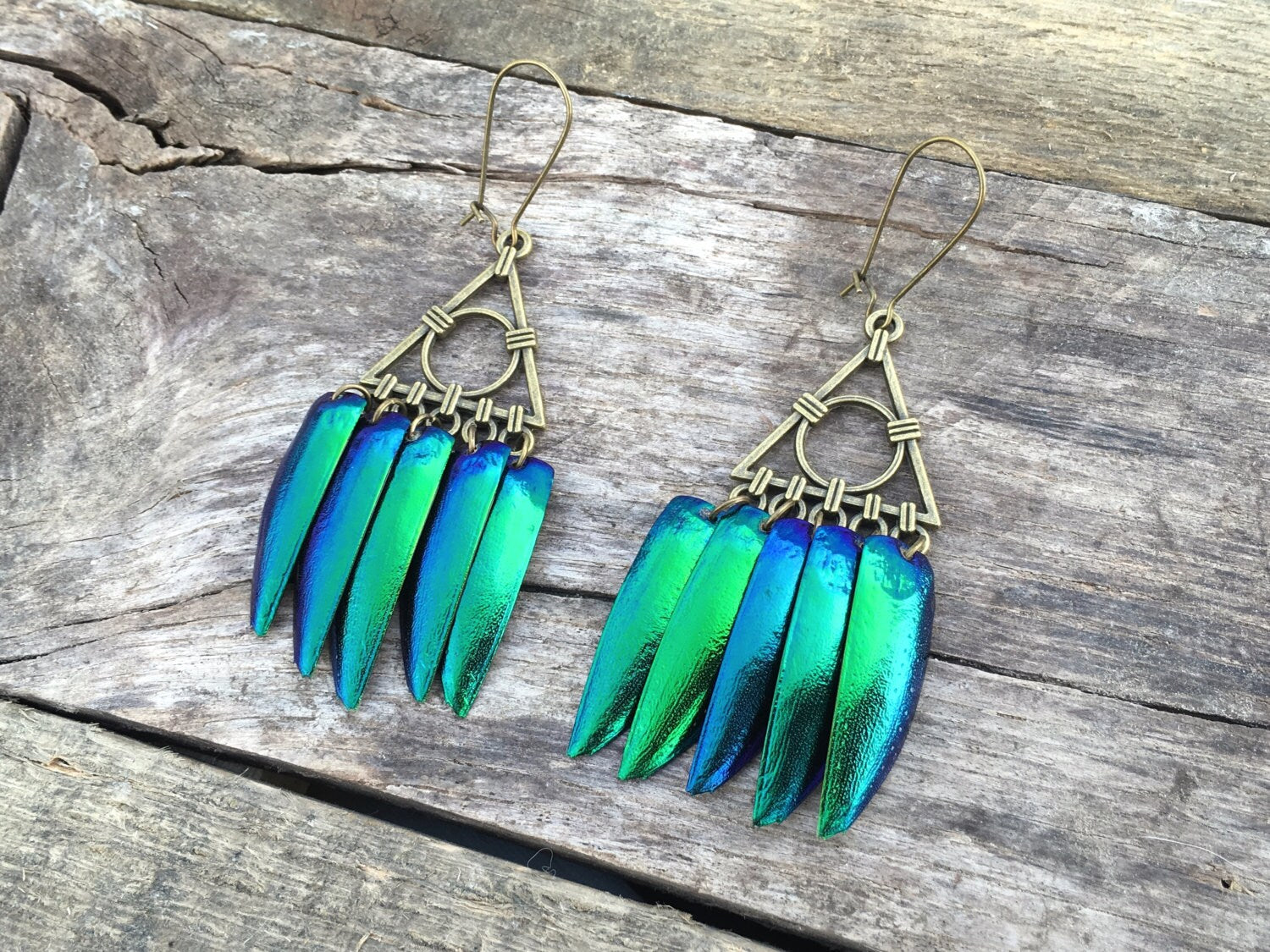 Gold triangle earrings Real beetle earrings Gold geometric earrings Green Jewel beetle wing earrings Sacred Geometry earrings Triangle hoops