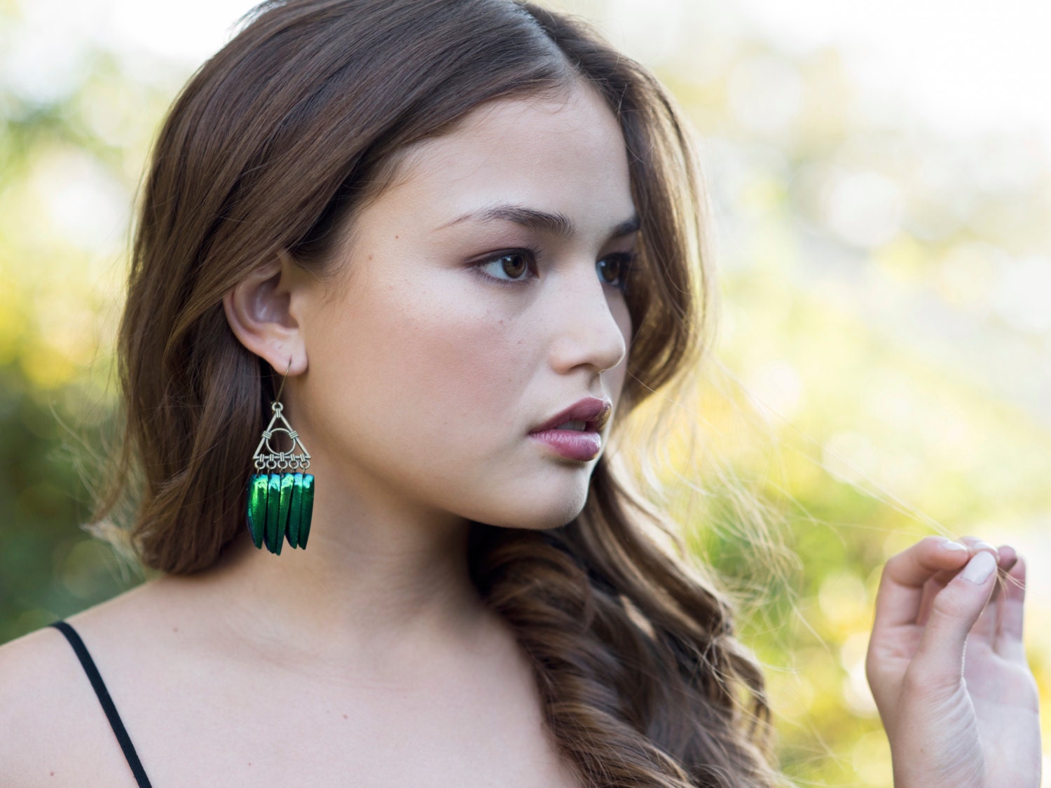 Gold triangle earrings Real beetle earrings Gold geometric earrings Green Jewel beetle wing earrings Sacred Geometry earrings Triangle hoops