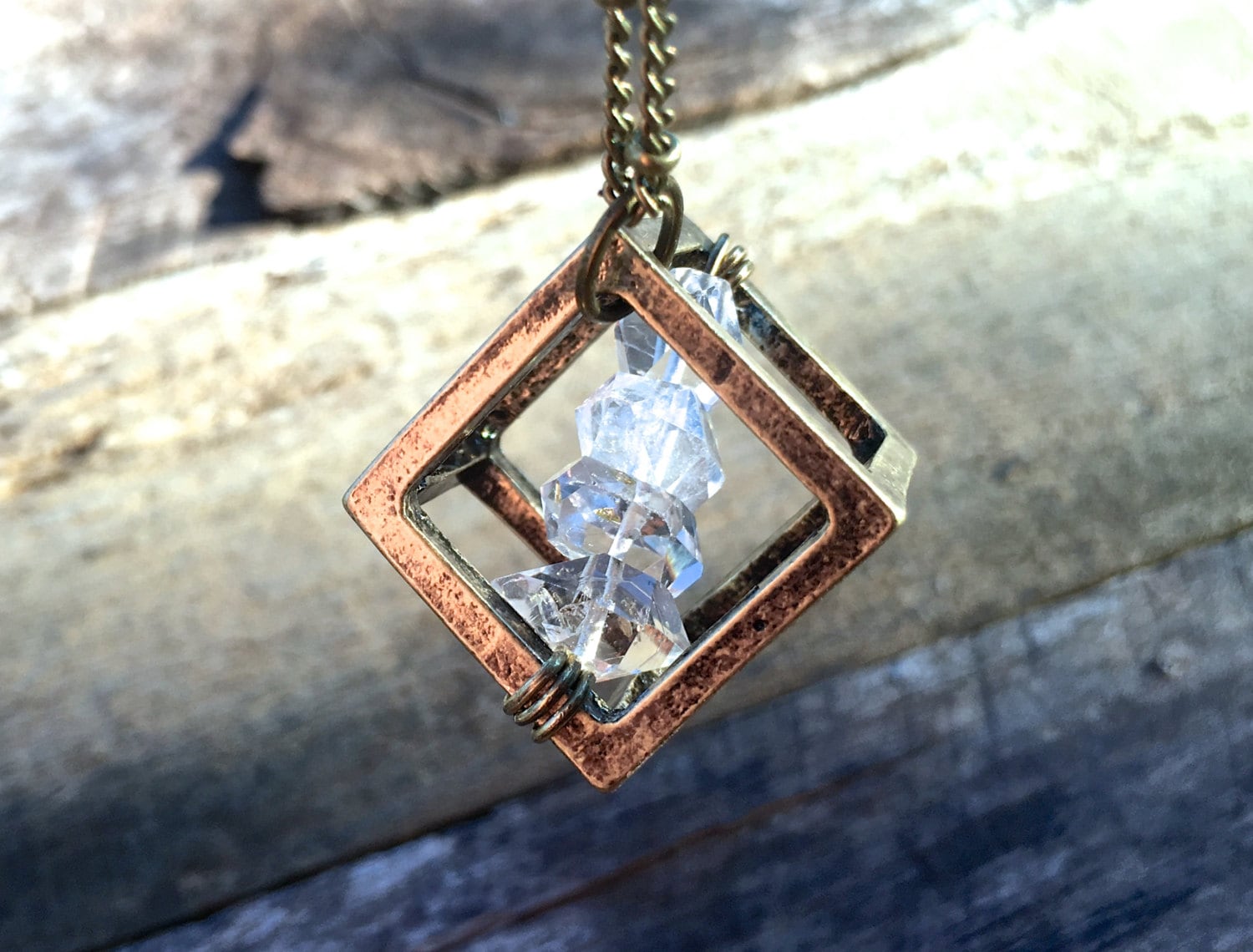Raw Herkimer diamond necklace Mens crystal necklace Crystal cage necklace Herkimer diamond pendant Caged diamond necklace double terminated
