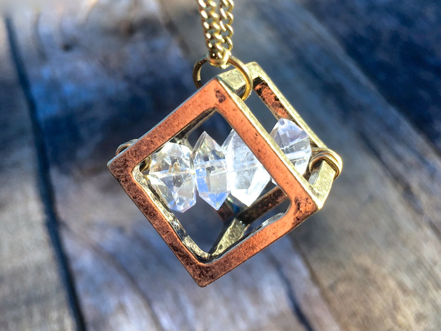 Raw Herkimer diamond necklace Mens crystal necklace Crystal cage necklace Herkimer diamond pendant Caged diamond necklace double terminated