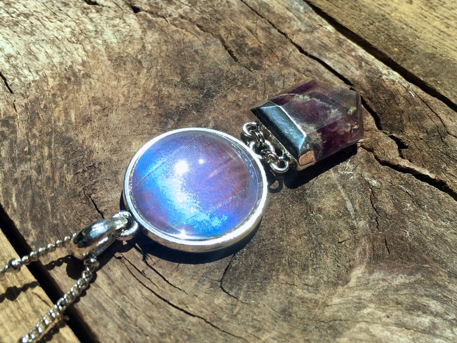 Amethyst Point necklace Real butterfly jewelry Rough gemstone necklace Gemstone slice necklace Amethyst slice necklace Amethyst Pendulum