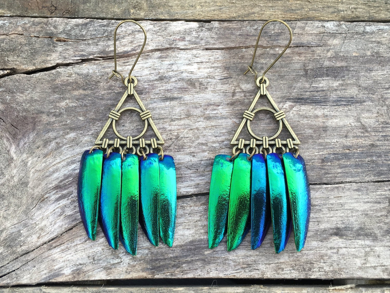 Gold triangle earrings Real beetle earrings Gold geometric earrings Green Jewel beetle wing earrings Sacred Geometry earrings Triangle hoops