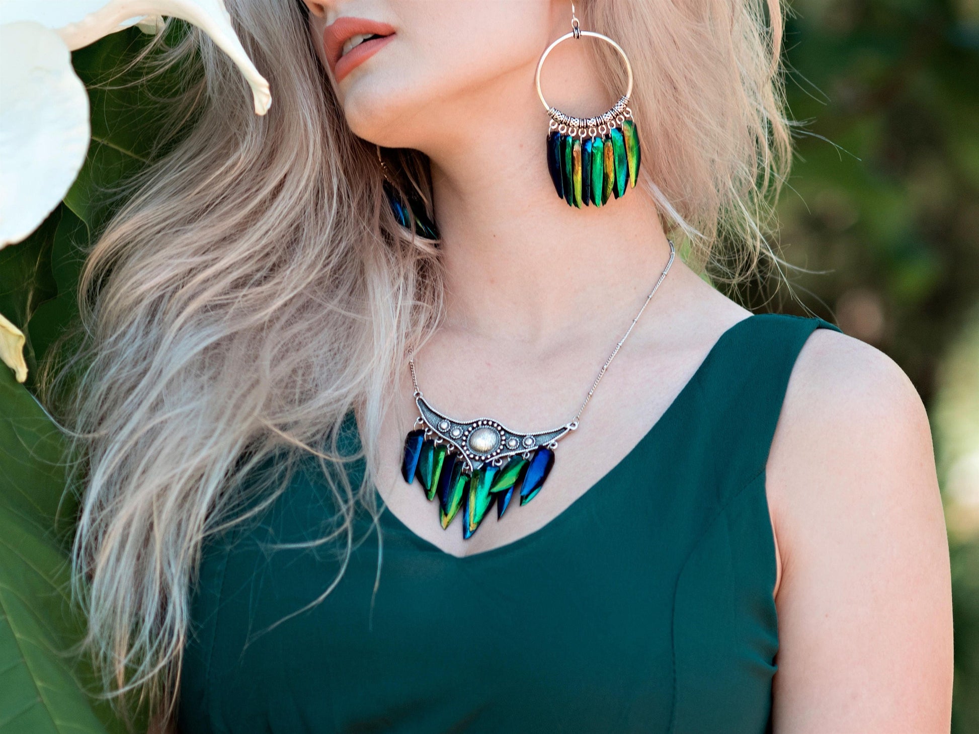 Big silver hoop earrings Real beetle wing earrings Statement necklace and earrings set for women Taxidermy jewelry Large statement earrings