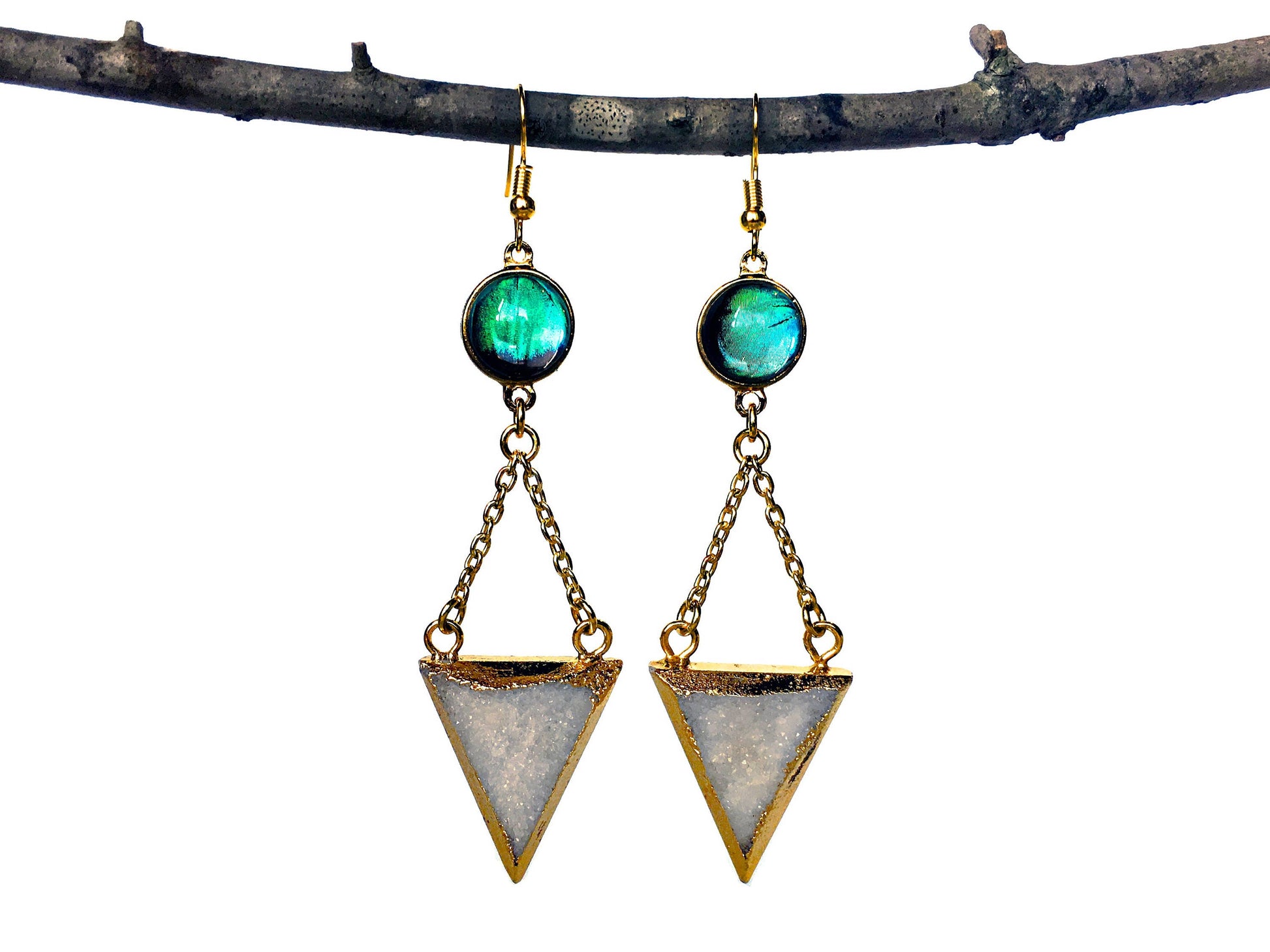 White druzy earrings Real butterfly wing earrings Gold chain earrings Geode earrings Taxidermy jewelry Gold Triangle earrings etsy.com