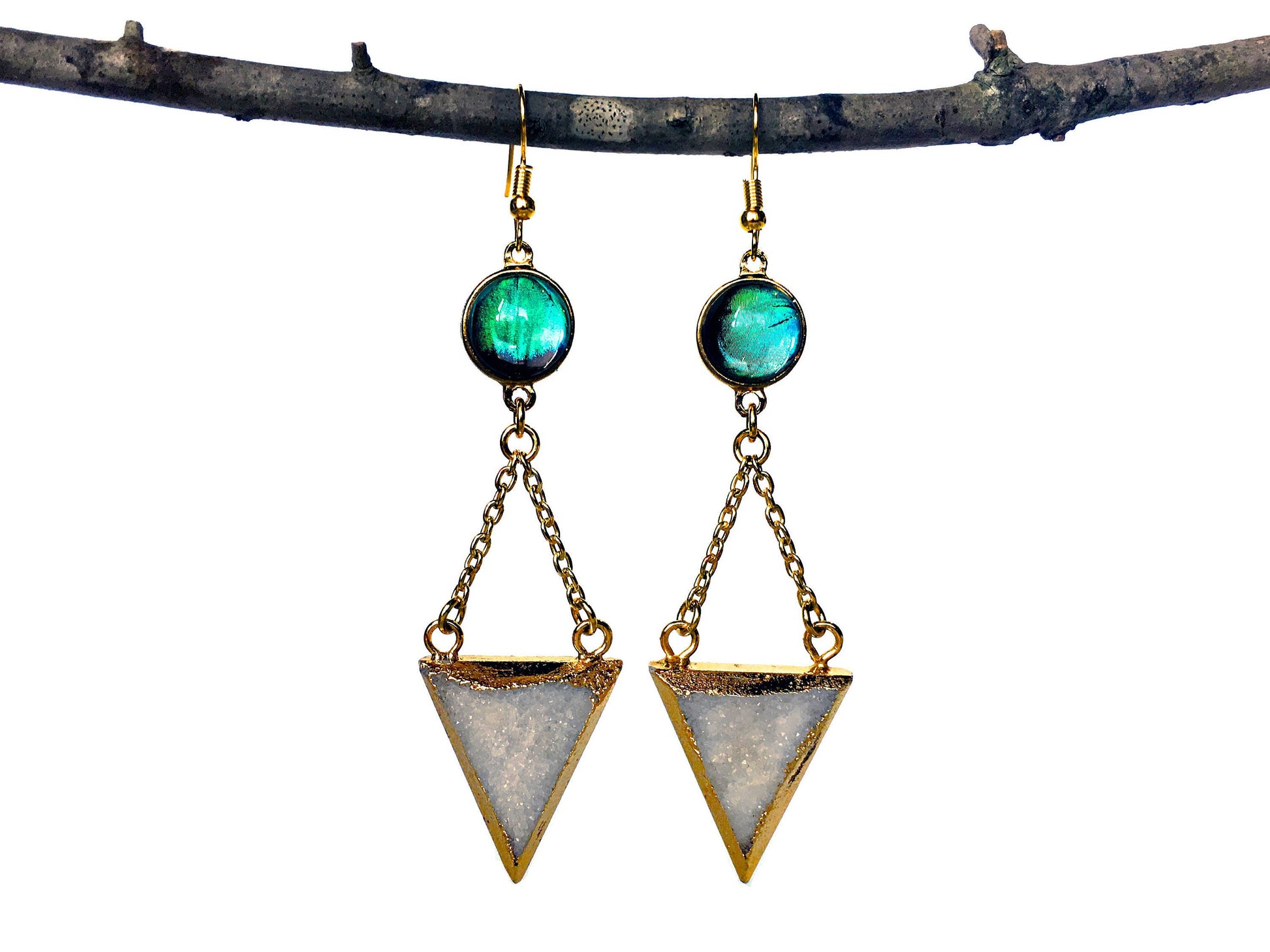 Real butterfly wing chandelier earrings Top selling shops Raw druzy earrings Druzy triangle earrings Top selling earrings Geometric earring