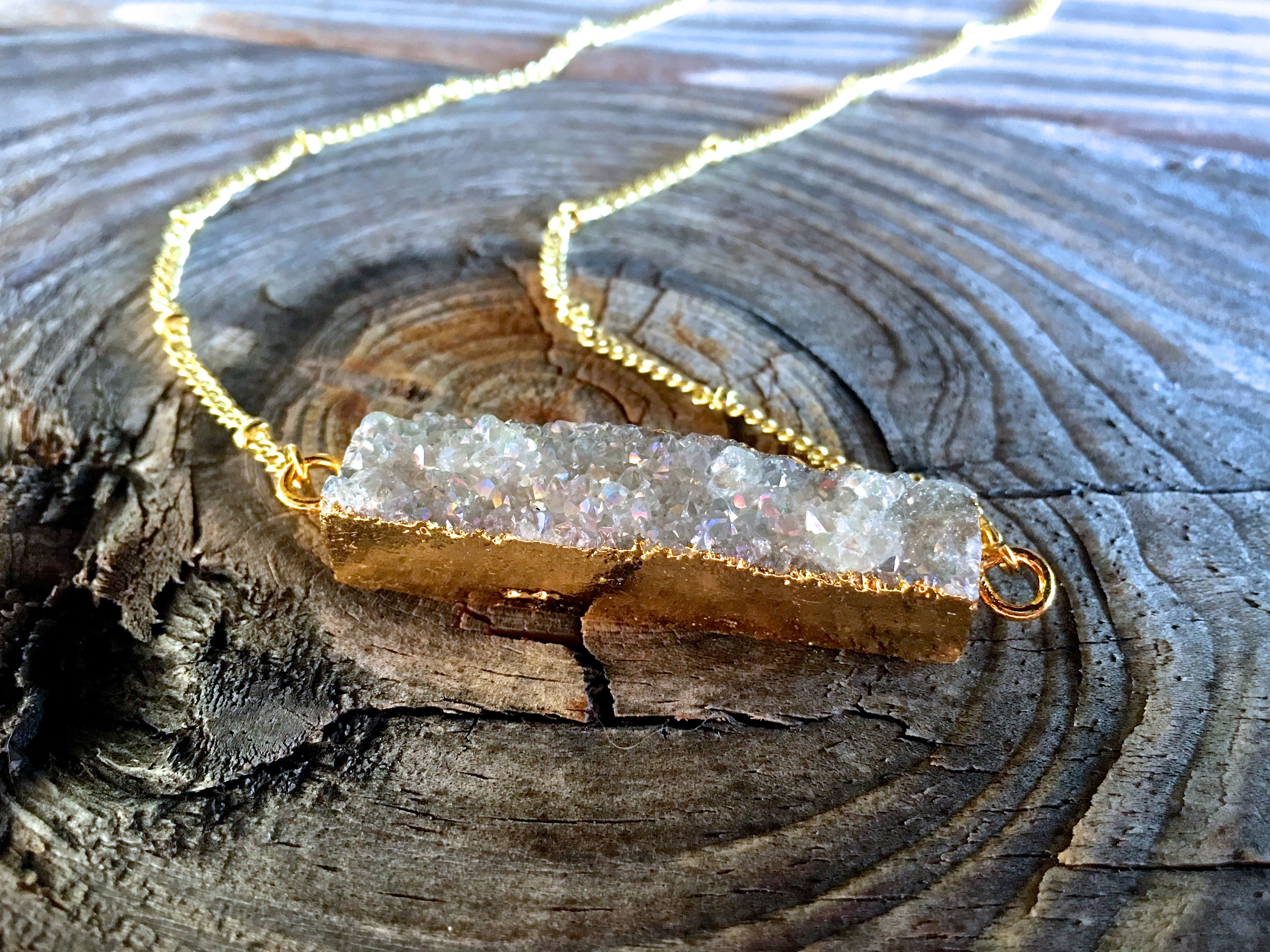 Raw Druzy bar necklace gold Angel aura crystal necklace Crystal rectangle necklace Short gold bar pendant necklace Gold rectangle necklace