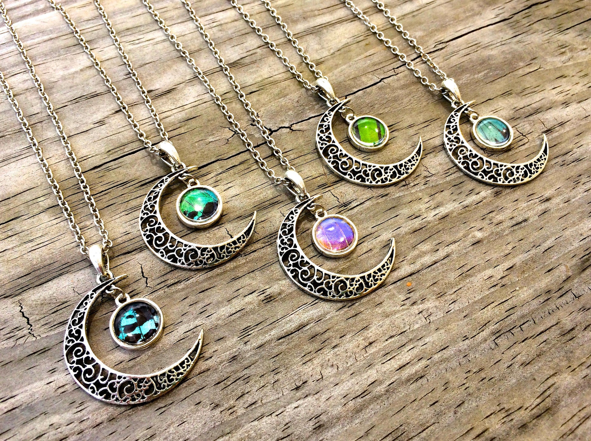 Real butterfly wing necklace Crescent moon necklace for women Sterling Silver moon necklace crystal Silver butterfly necklace for women