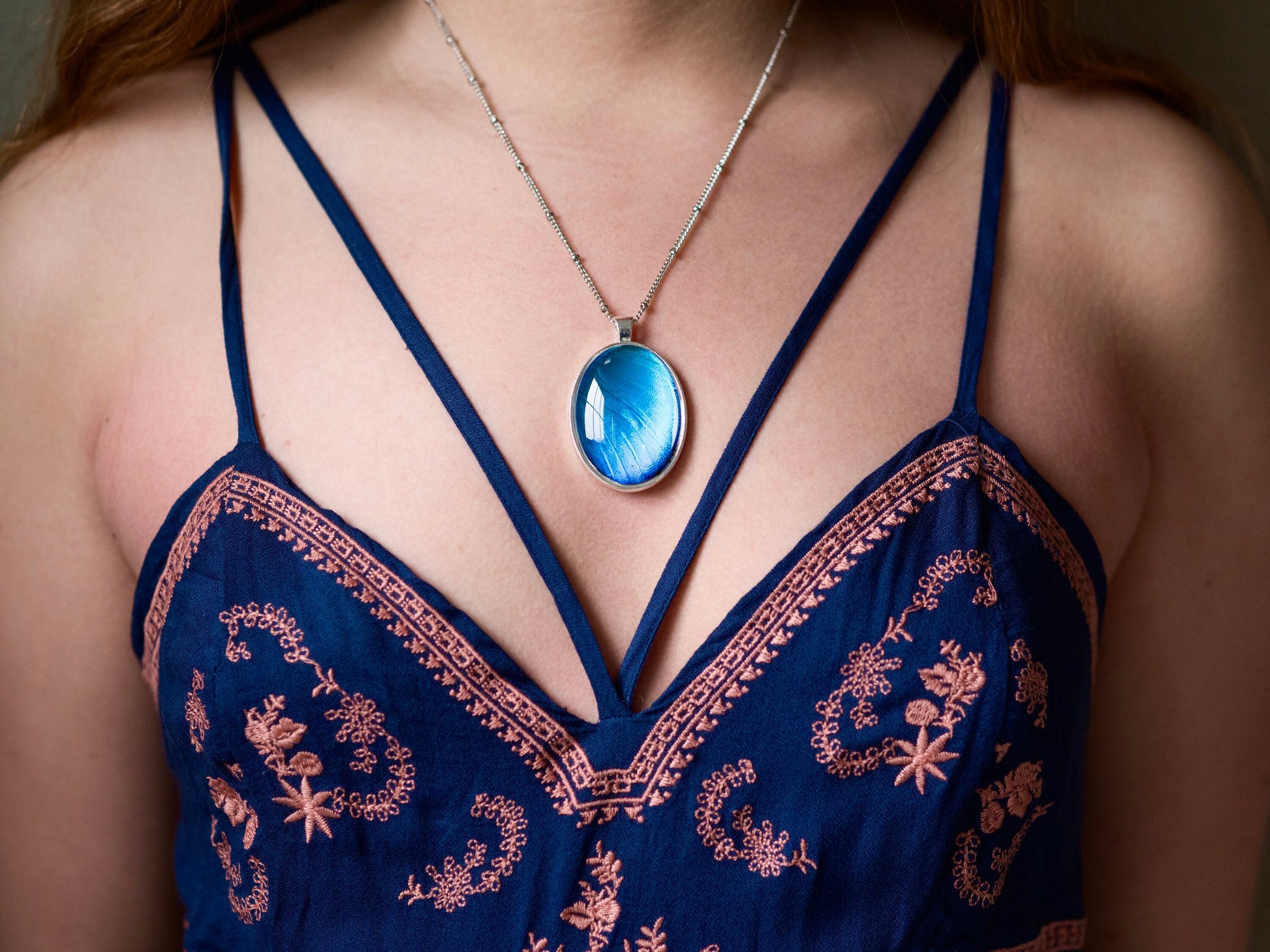 Real blue morpho butterfly pendant Sterling silver butterfly necklace September birthstone necklace blue sapphire pendant cobalt blue