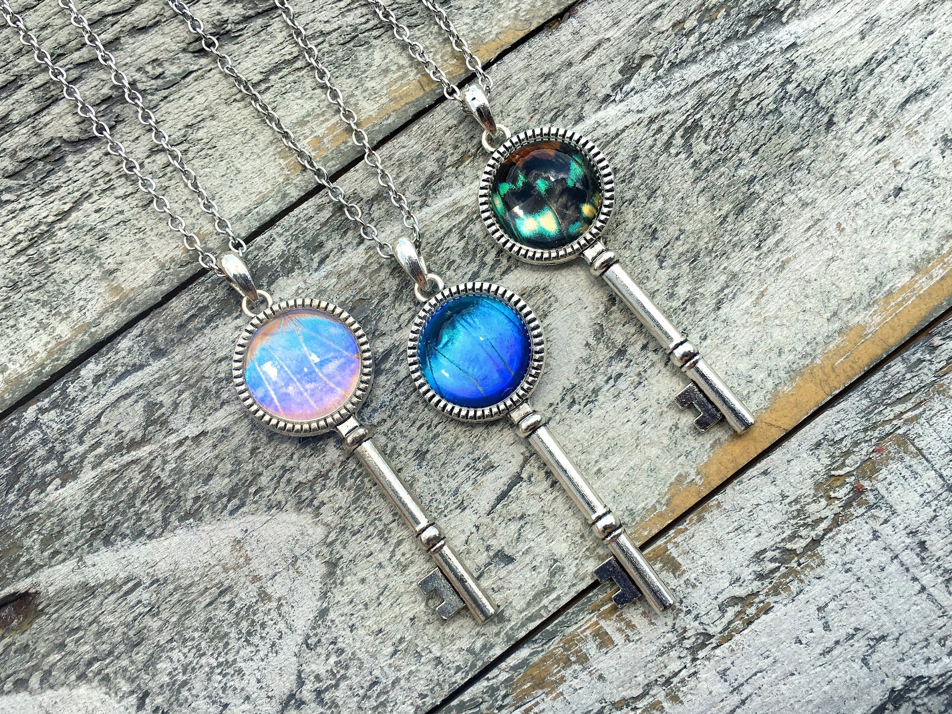 Key necklace Real Butterfly Wing Mother in law gift Skeleton key pendant necklace Gift for her Gift for mom Antique key jewelry