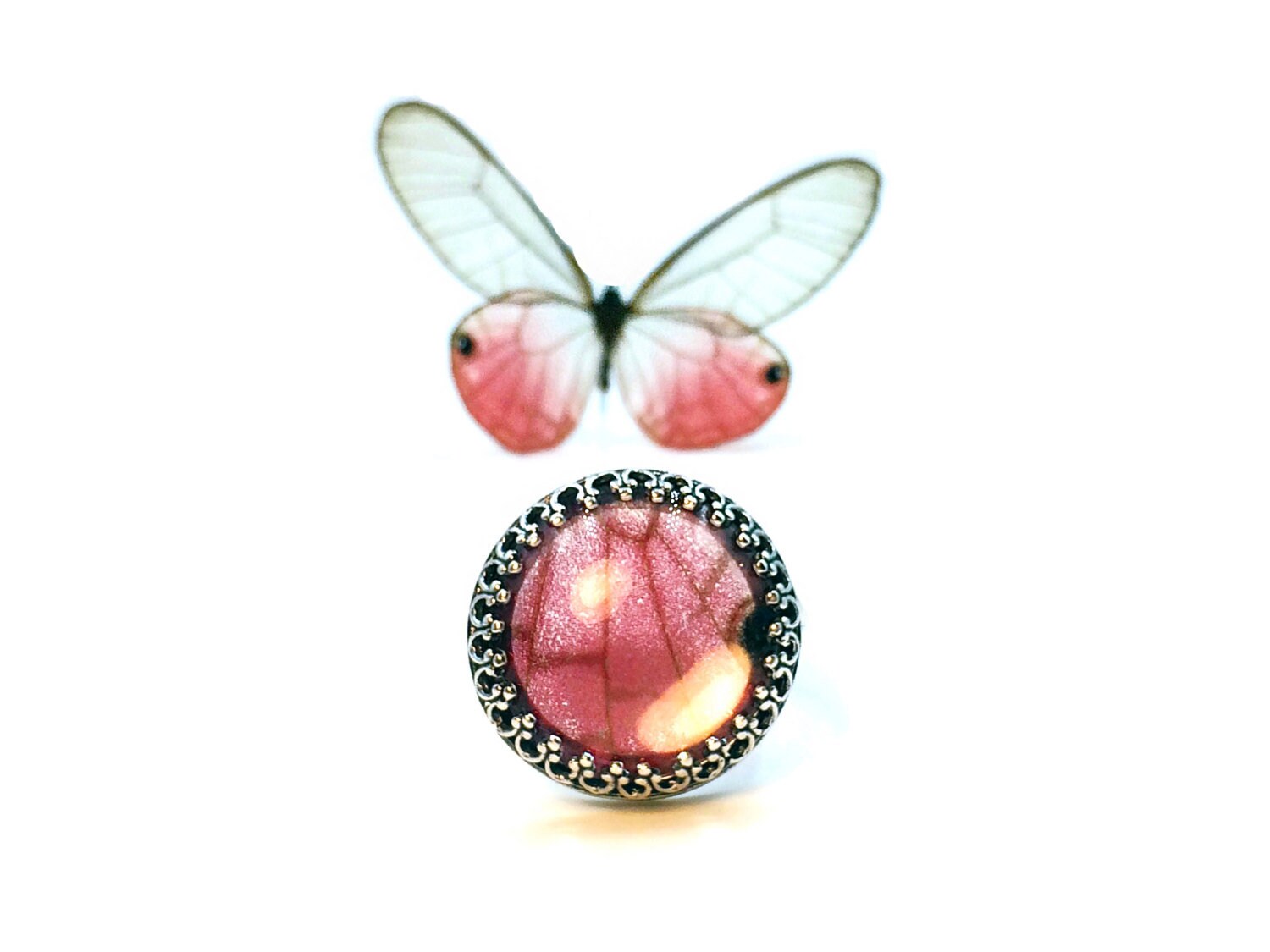 Real butterfly wing ring Rose pink ring Sterling silver Pink stone ring Pink and silver ring Light pink ring for women Pink butterfly ring