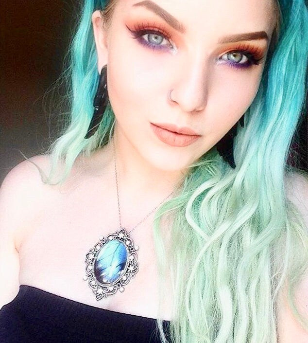 Real butterfly wing necklace Victorian jewelry Large turquoise amulet Blue morpho butterfly taxidermy jewelry Victorian necklace