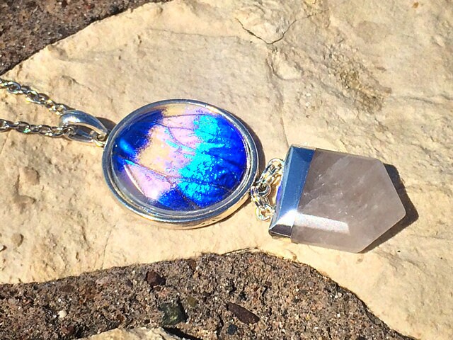 Real Blue Morpho Butterfly Wing & Quartz Point Necklace Raw silver dipped Clear quartz crystal pendant Beach jewelry Morpho Helena