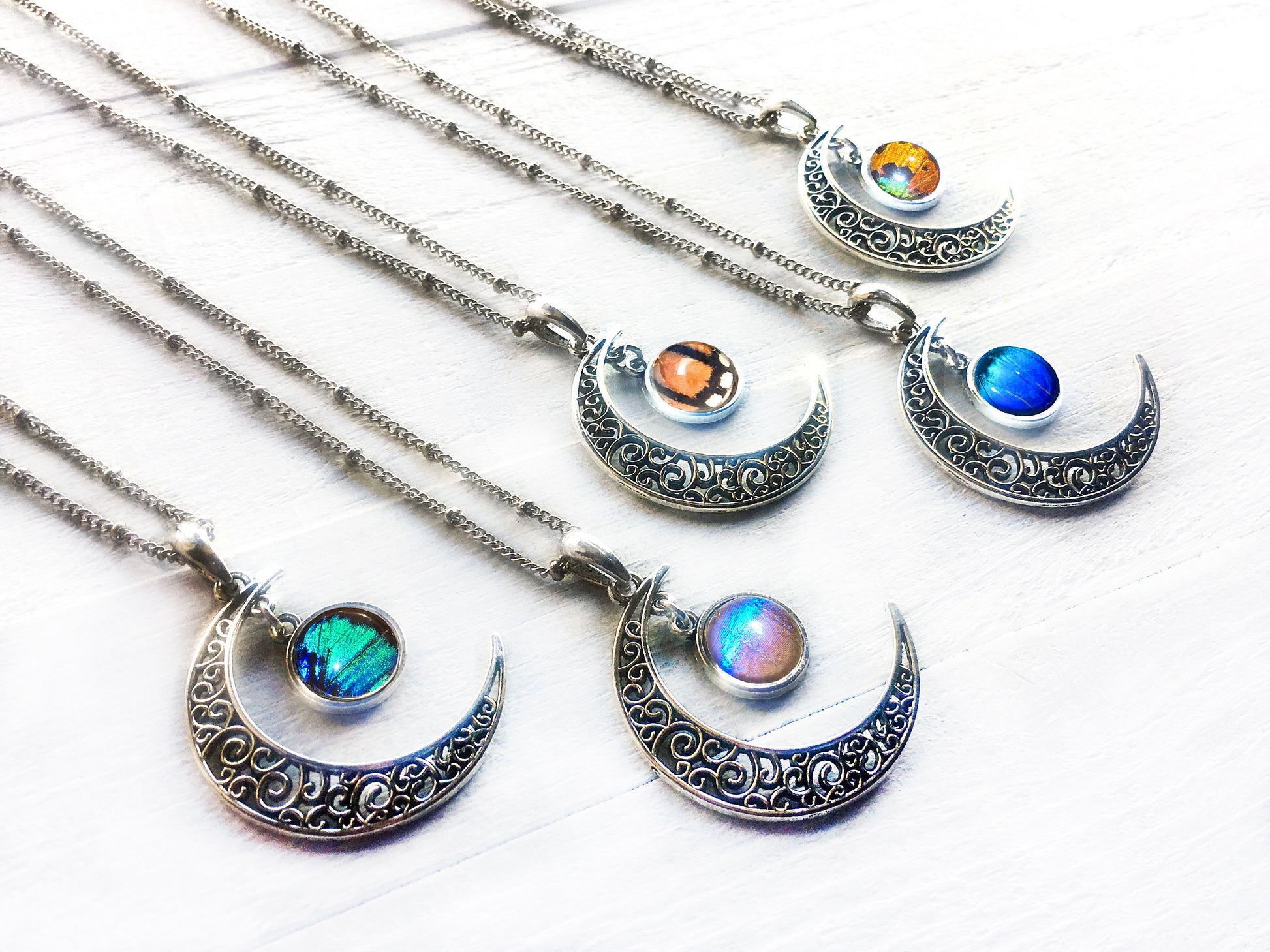 Real butterfly wing necklace Crescent moon necklace for women Sterling Silver moon necklace crystal Silver butterfly necklace for women