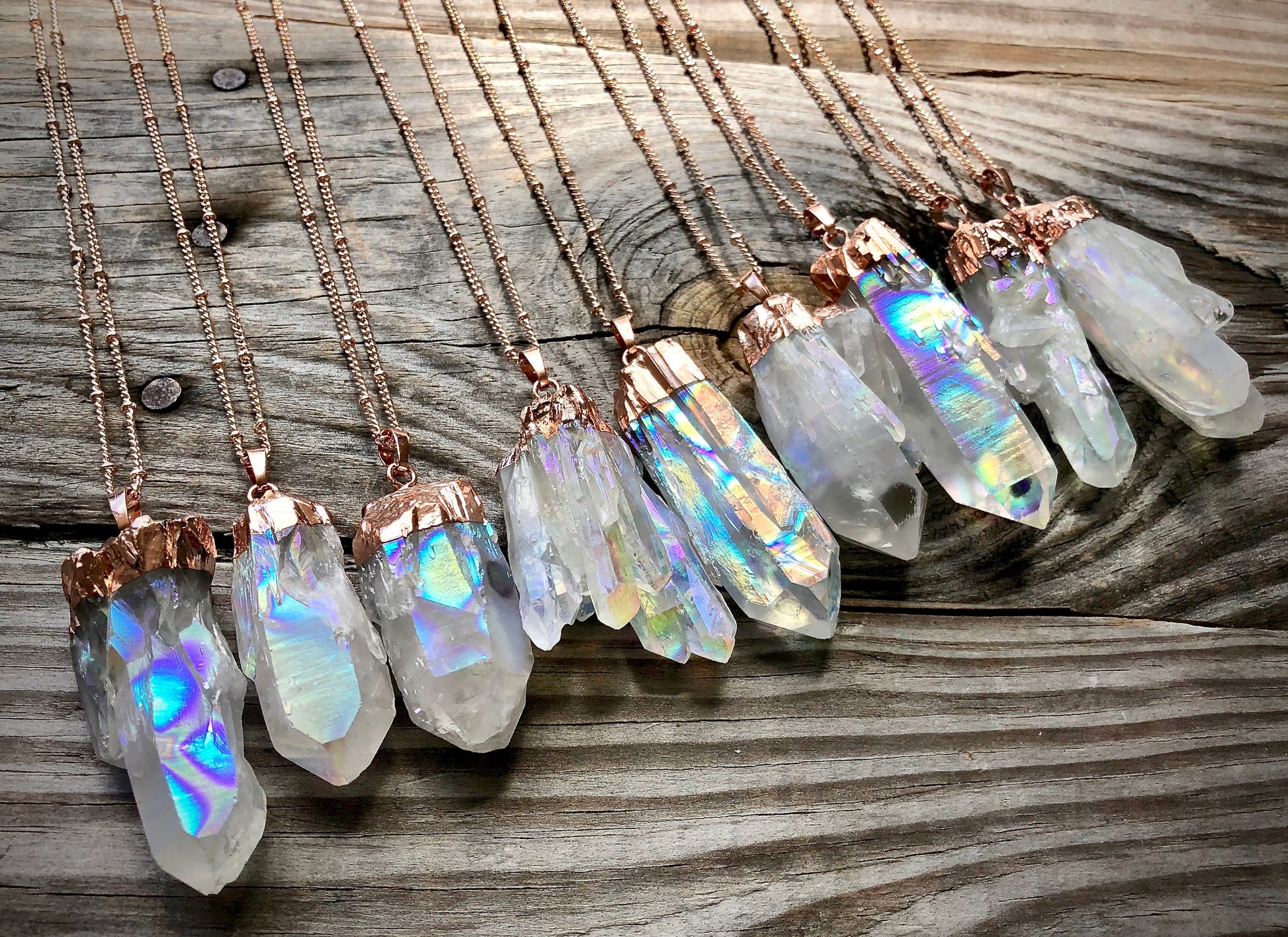 Large rainbow quartz necklace Raw crystal necklace Angel Aura quartz necklace Healing crystal necklace for women Rose Gold crystal necklace