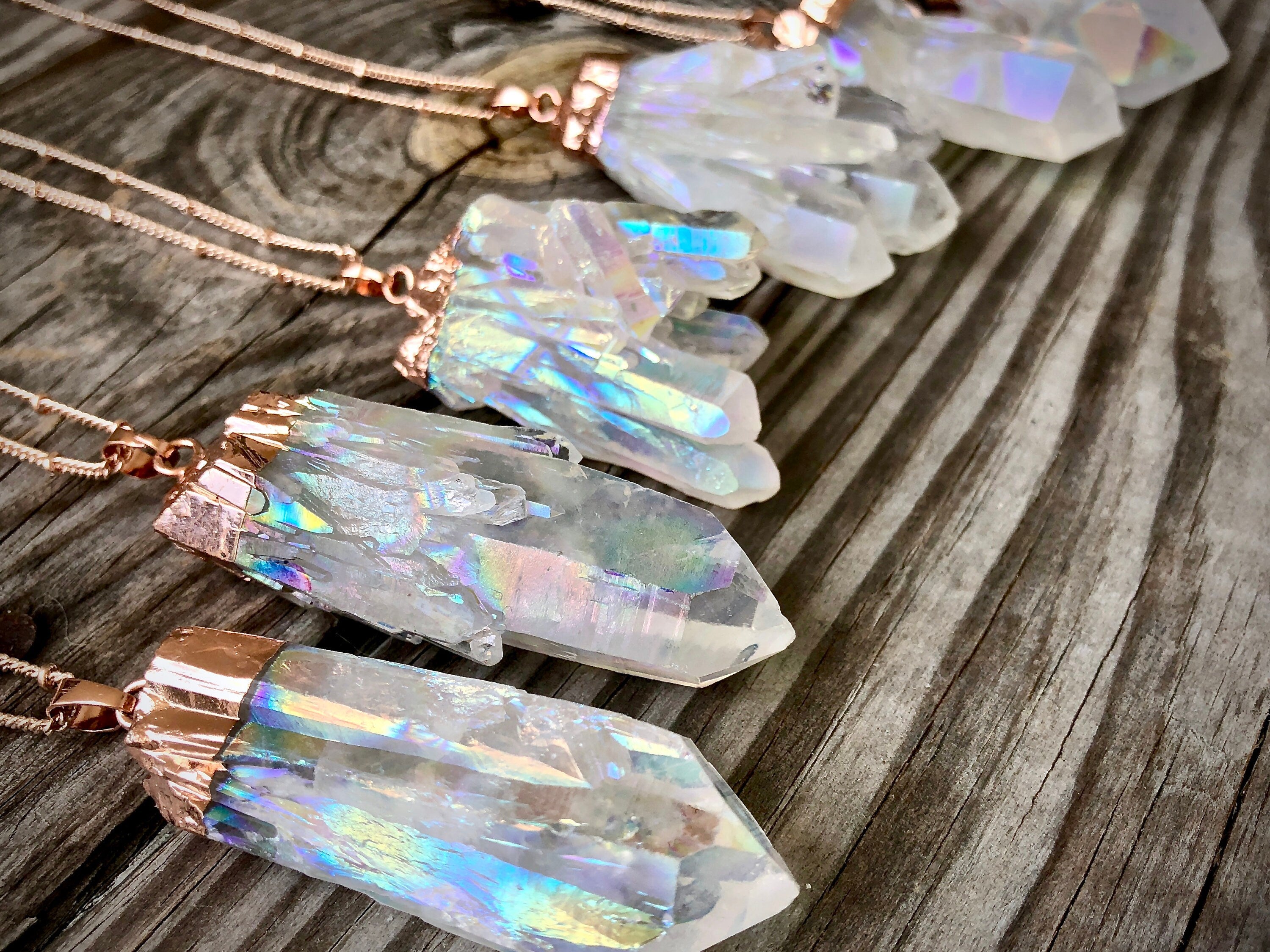 Large rainbow quartz necklace Raw crystal necklace Angel Aura quartz necklace Healing crystal necklace for women Rose Gold crystal necklace