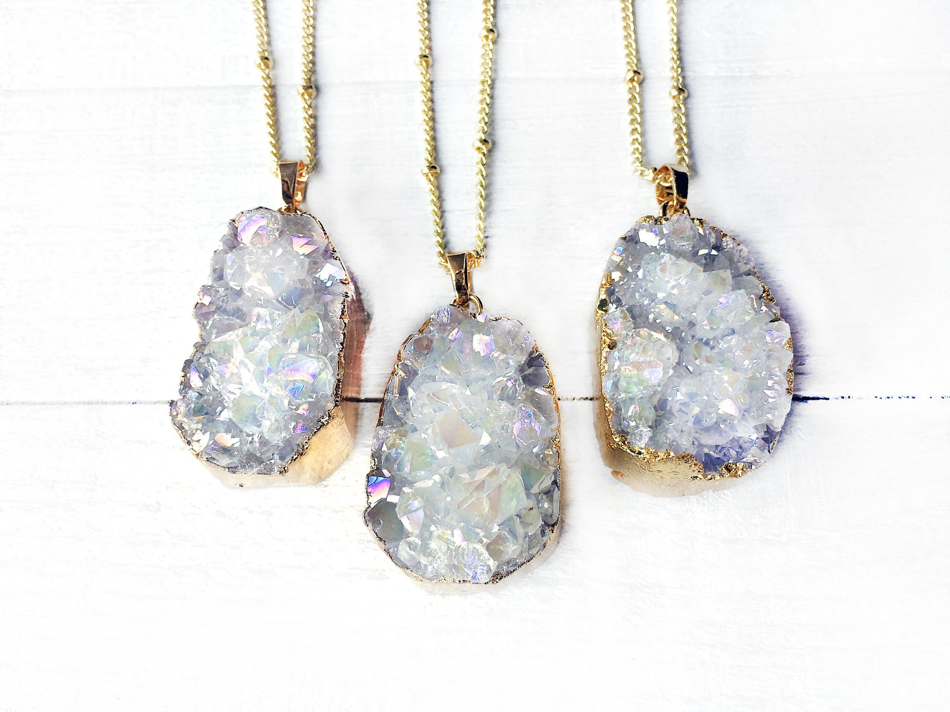 Angel Aura crystal necklace Raw healing crystals and stones Opal aura quartz necklace Rainbow aura quartz cluster Druzy geode pendant