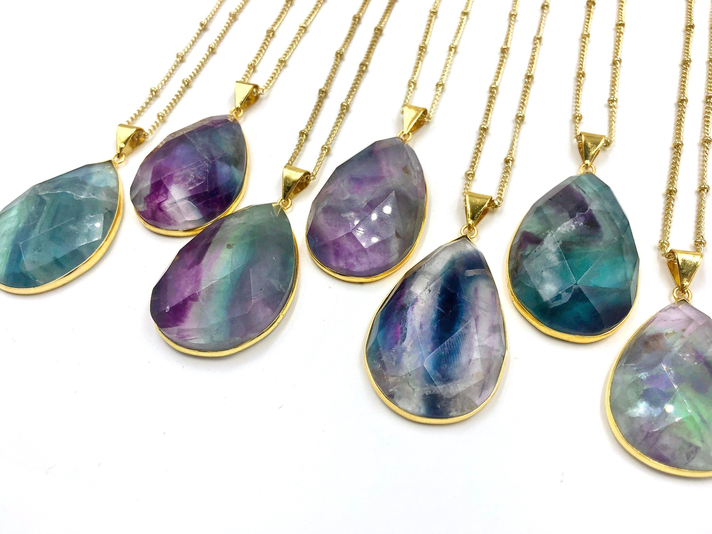 Rainbow fluorite pendant Purple fluorite necklace Large gemstone pendant Green fluorite crystal necklace Green amethyst Fluorite jewelry