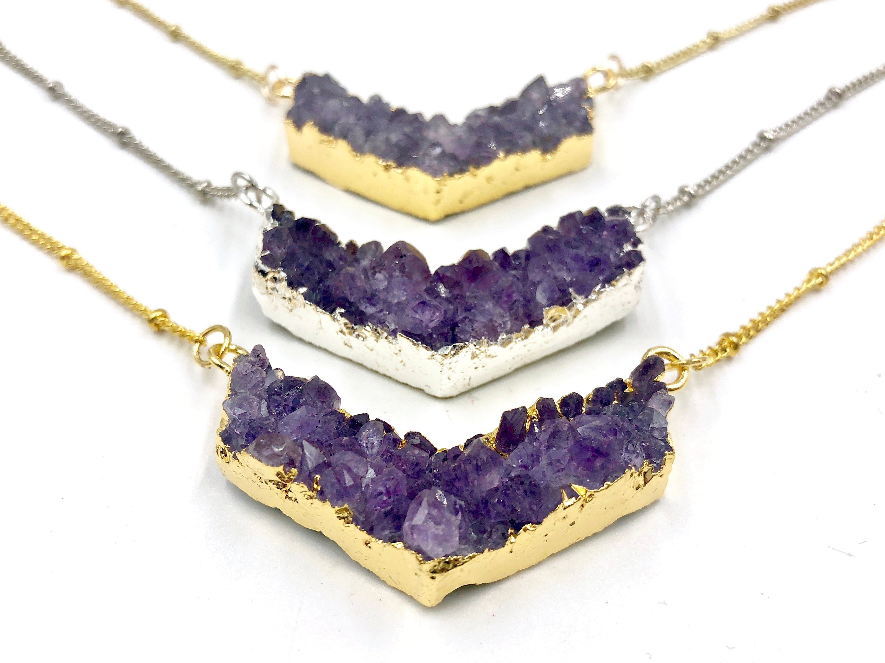 Raw amethyst point pendant Chevron amethyst geode necklace Amethyst chevron necklace Amethyst arrowhead necklace for women Druzy chevron