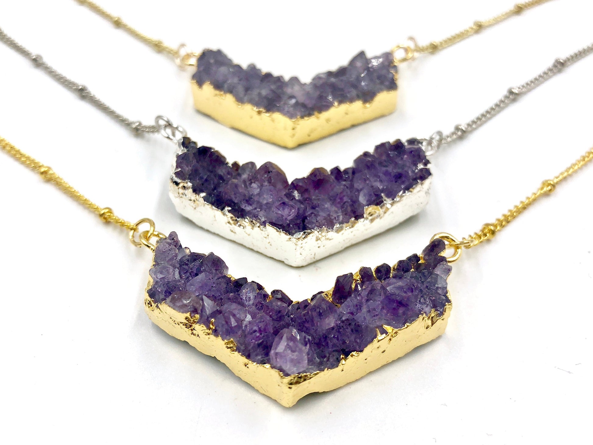 Raw amethyst point pendant Chevron amethyst geode necklace Amethyst chevron necklace Amethyst arrowhead necklace for women Druzy chevron
