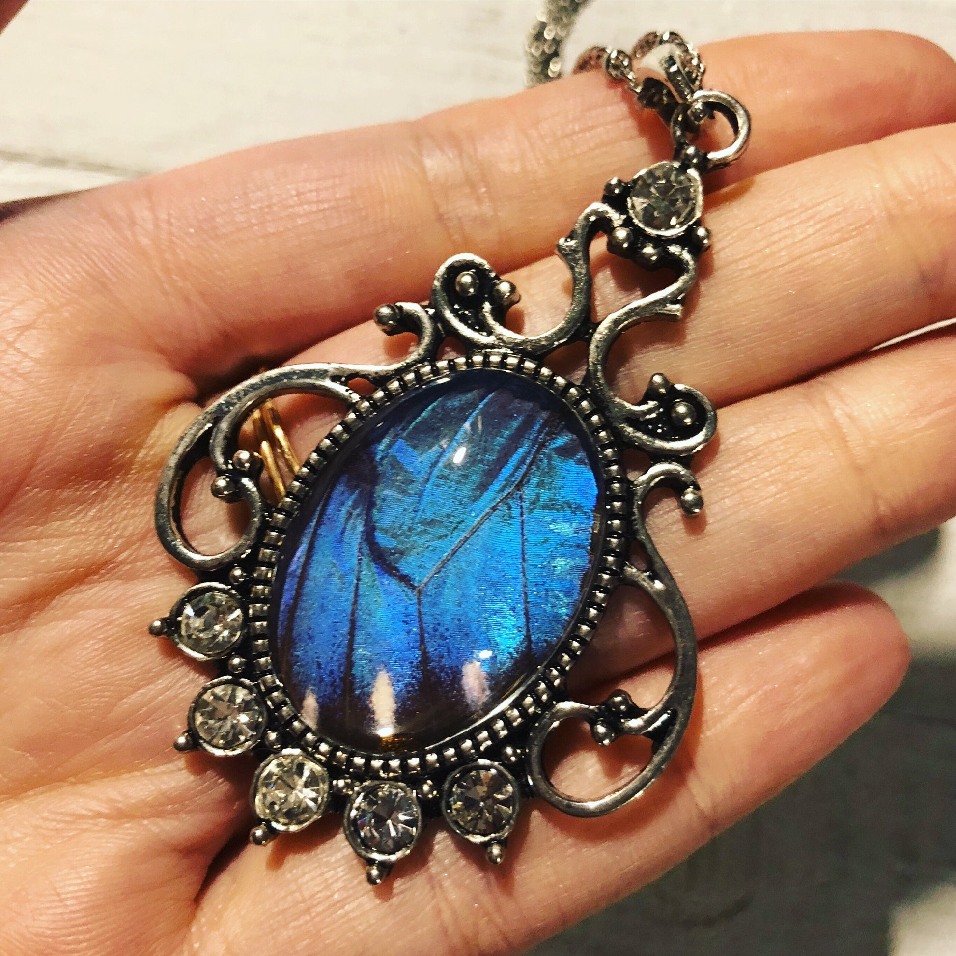 Real butterfly wing necklace 1920s style jewelry Taxidermy gifts for women Victorian crystal necklace Large vintage pendant Blue Morpho