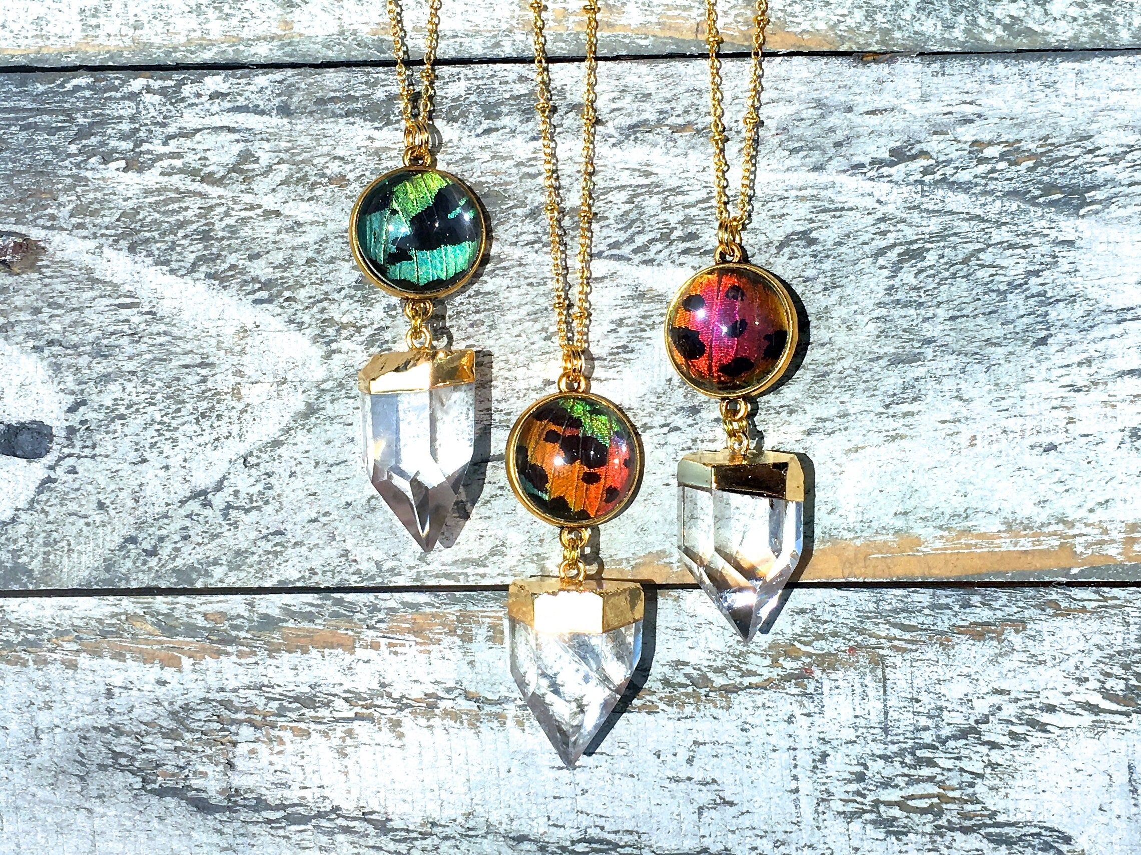 Real butterfly wing Crystal pendulum necklace Divination jewelry Large raw quartz necklace Dowsing pendulum Terminated crystal point