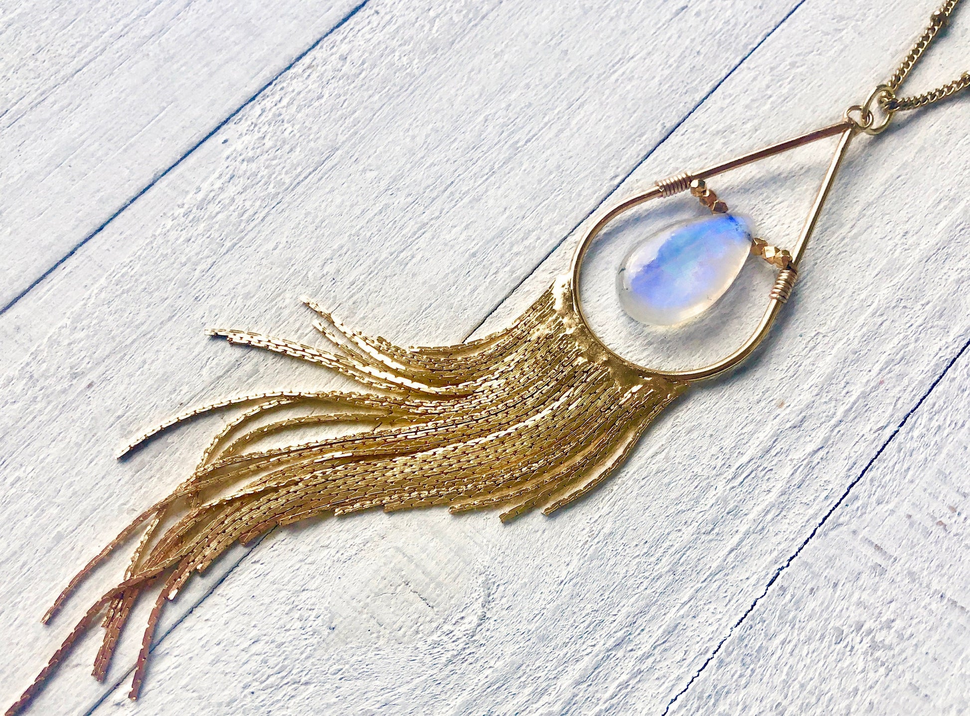 Long moonstone necklace Long tassel necklace Boho tassel necklaces for women Gold fringe necklace Chandelier necklace Long fringe necklace