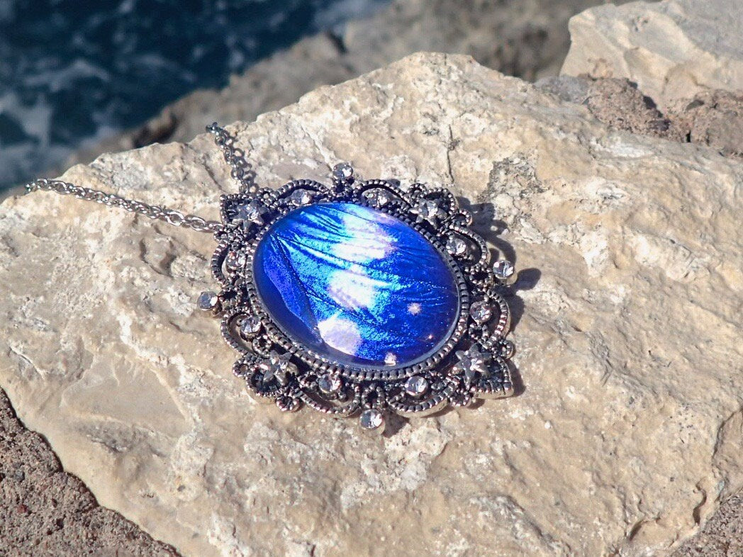 Glowing jewelry REAL Blue Morpho Butterfly Wing Necklace Blue crystal necklace Ocean necklace Antique silver pendant blue sapphire pendant