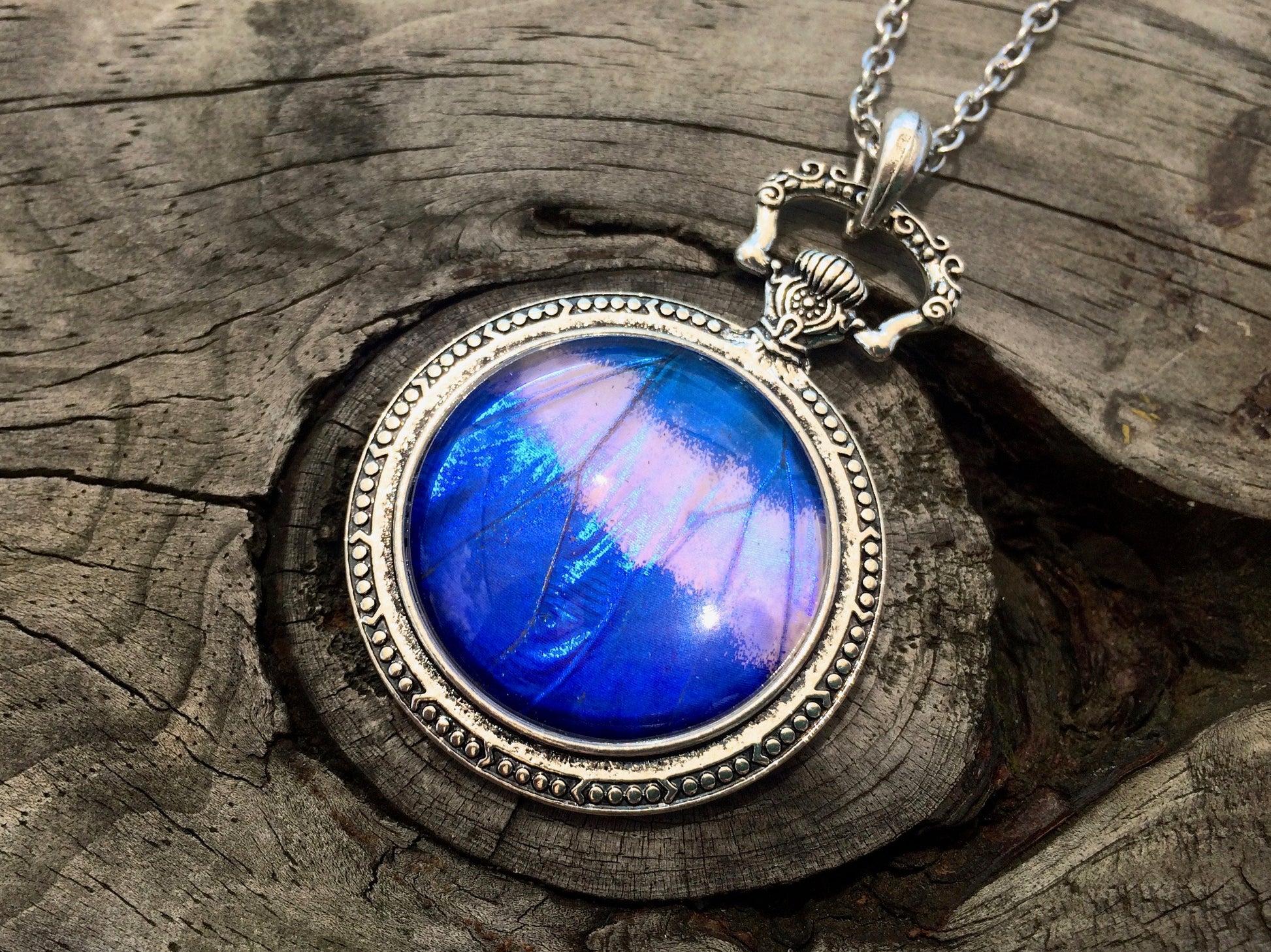 Real Blue Morpho Butterfly Jewelry Butterfly Pocket watch Necklace Large Blue Sapphire Pendant Pocketwatch necklace 1920s style jewelry