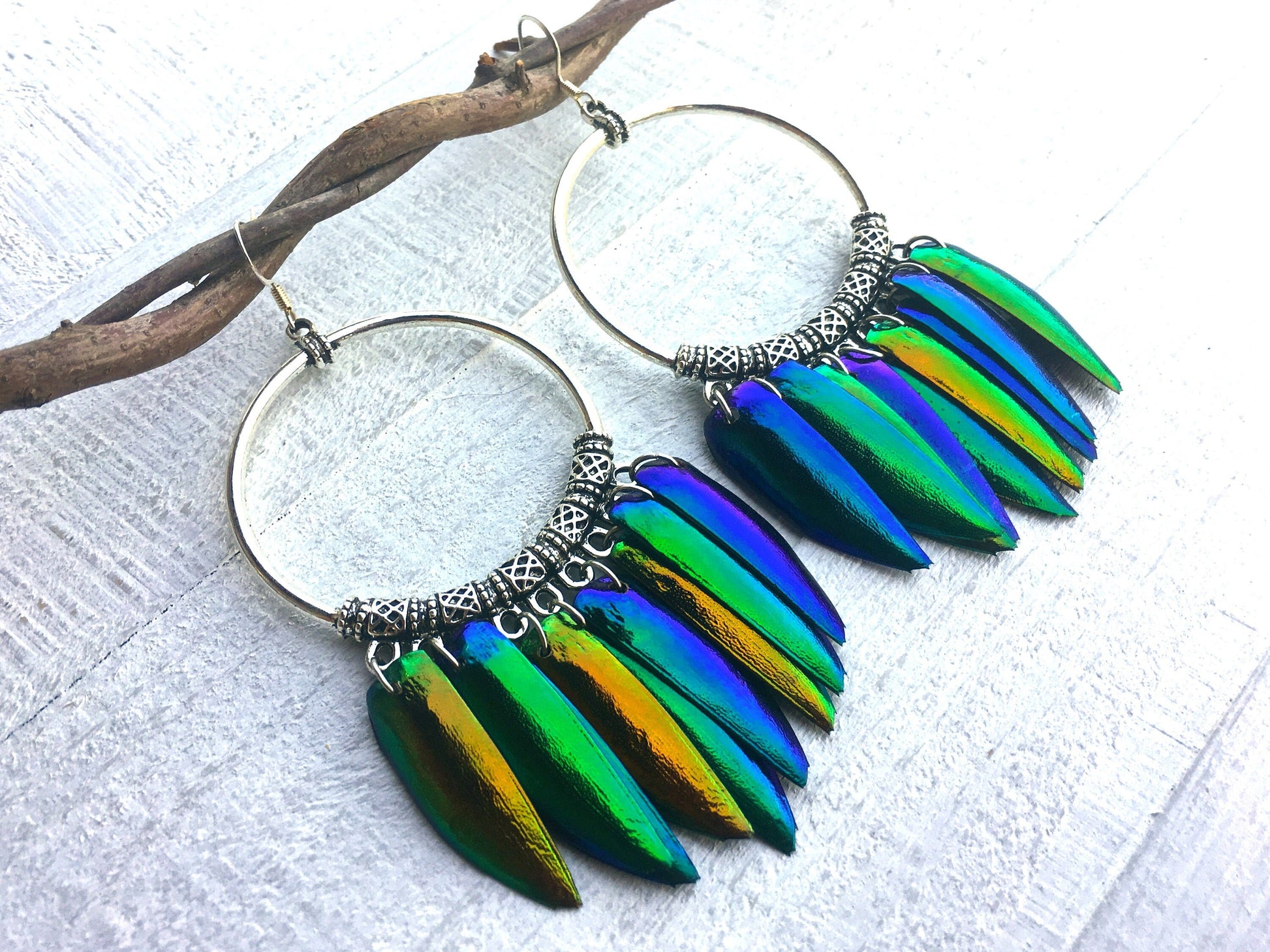 Real beetle wing necklace Statement earrings and necklace set Unique statement necklaces for women Real insect necklace Rainbow beetle