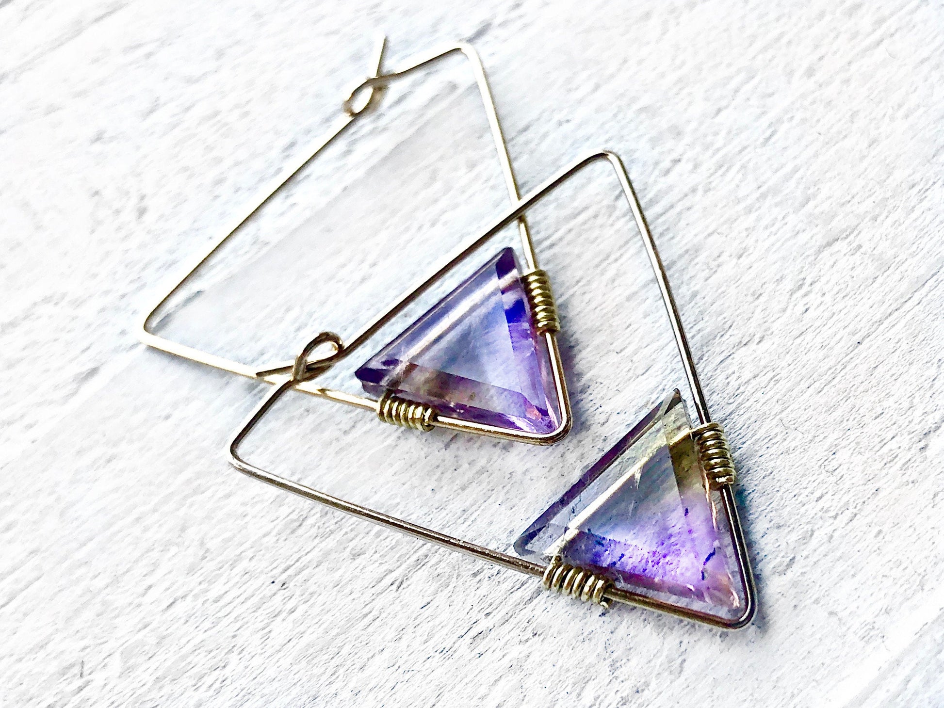 Raw ametrine earrings Lightweight statement earrings Triangle hoop earrings Gemstone hoop earrings Ametrine crystal earrings Ametrine point