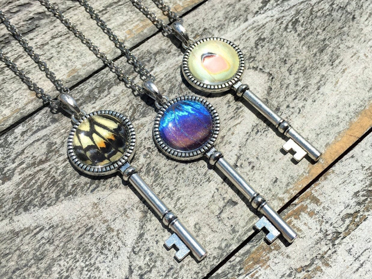 Real butterfly wing necklace Skeleton key necklace for women butterfly wing jewelry Silver key necklace butterfly necklace