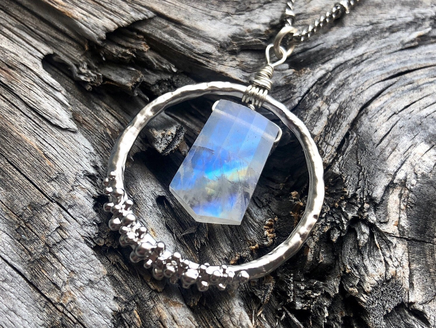 Raw moonstone necklace silver Rainbow moonstone jewelry for women Natural moonstone pendant Moon stone necklace Large moonstone necklace