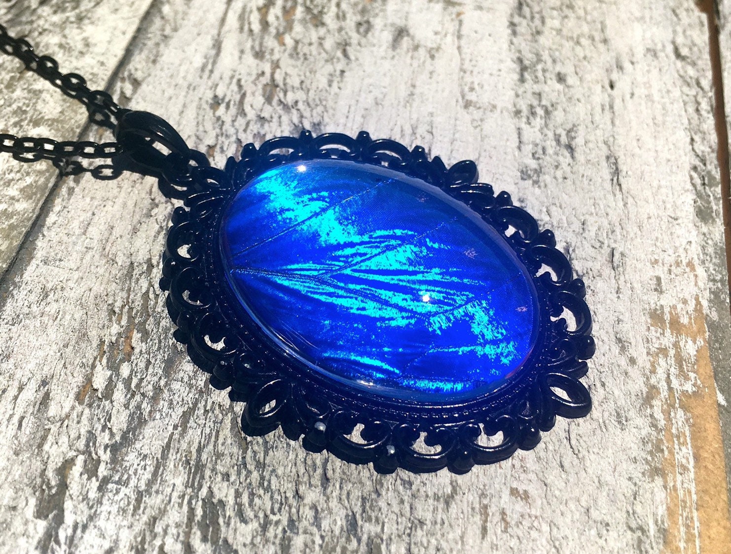 Real blue morpho butterfly wing necklace black and blue pendant gunmetal black chain aqua aura pendant Blue Sapphire Jewelry blue druzy