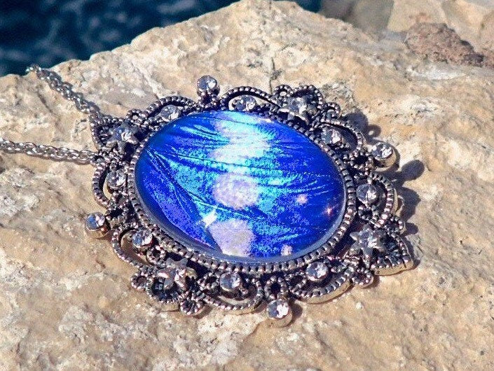 Glowing jewelry REAL Blue Morpho Butterfly Wing Necklace Blue crystal necklace Ocean necklace Antique silver pendant blue sapphire pendant