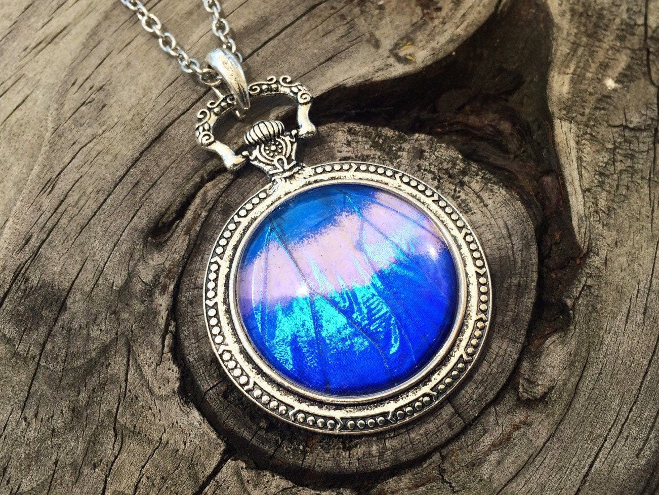 Real Blue Morpho Butterfly Jewelry Butterfly Pocket watch Necklace Large Blue Sapphire Pendant Pocketwatch necklace 1920s style jewelry