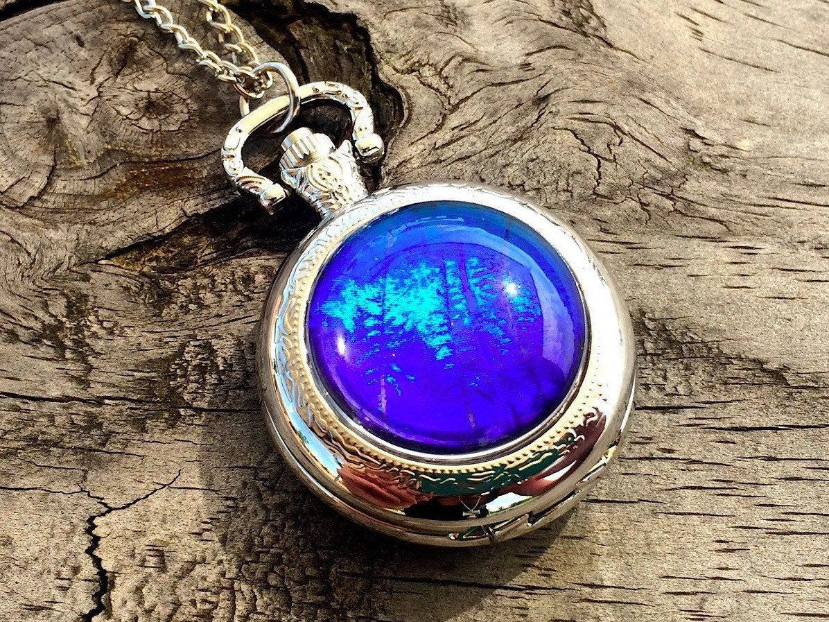 Real Butterfly Jewelry Pocketwatch Necklace Blue Morpho Wing Working Pocket Watch Pendant Vampire Diaries Steampunk Statement Necklace
