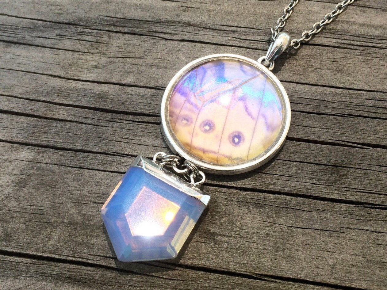 Real Morpho butterfly wing pendant & Opalite necklace Cottagecore jewelry Pearl morpho butterfly statement necklace Pressed butterfly