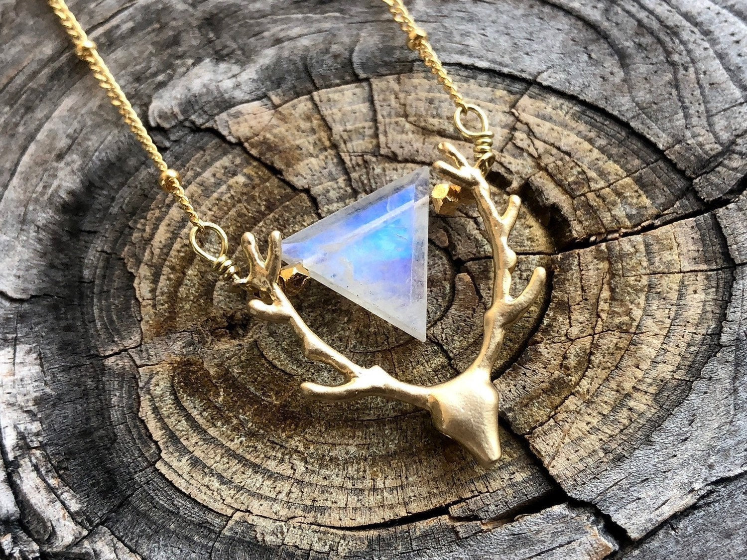 Deer antler necklace Raw moonstone necklace for women Boho crystal necklaces Gold deer necklace Reindeer necklace Boho necklaces for her