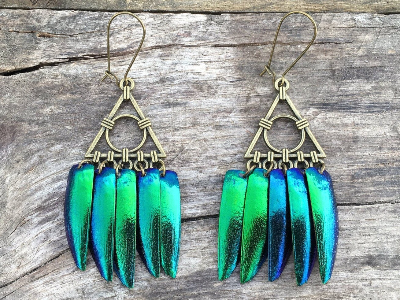 Real beetle wing earrings Fringe earring scarab beetle earrings Edgy earrings Gold triangle earrings Jewel beetle Green elytra