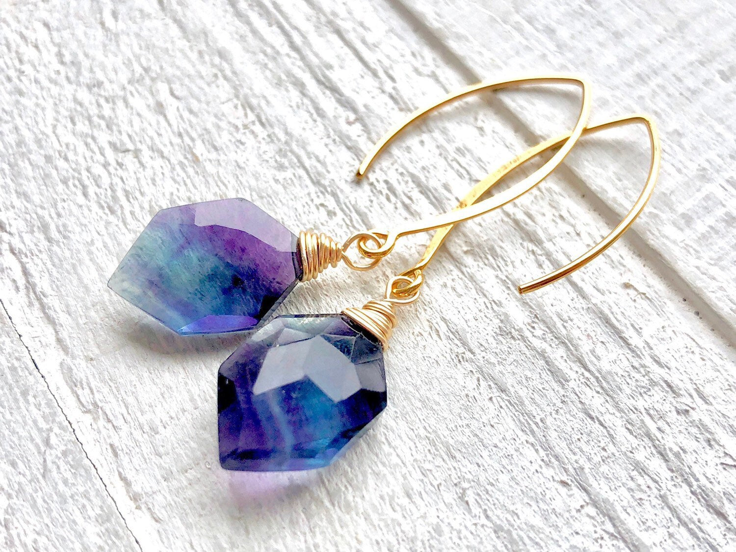 Raw Fluorite earrings Rainbow fluorite jewelry Purple fluorite crystal point Natural gemstone earrings Crystal hexagon earrings Ametrine