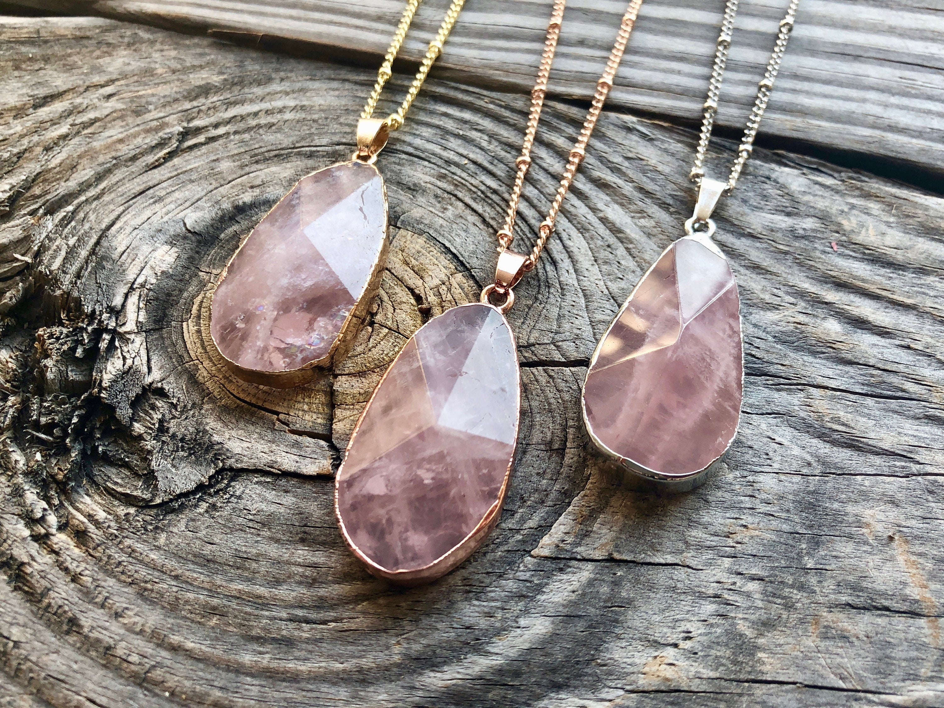 Large rose quartz necklace Raw rose quartz crystal pendant Sterling silver rose quartz jewelry Pink quartz necklace for women stone