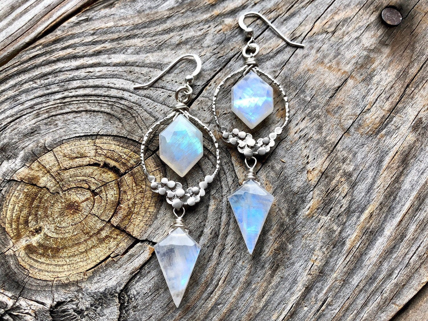 White moonstone bridal earrings Sterling silver moonstone earrings Raw moonstone chandelier earrings Rainbow moonstone jewelry Labradorite