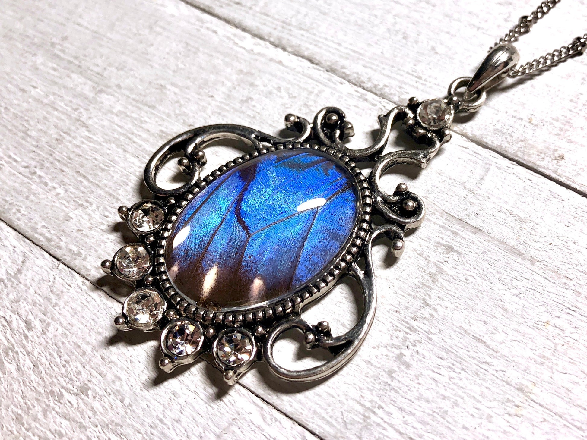 Real butterfly wing necklace 1920s style jewelry Taxidermy gifts for women Victorian crystal necklace Large vintage pendant Blue Morpho