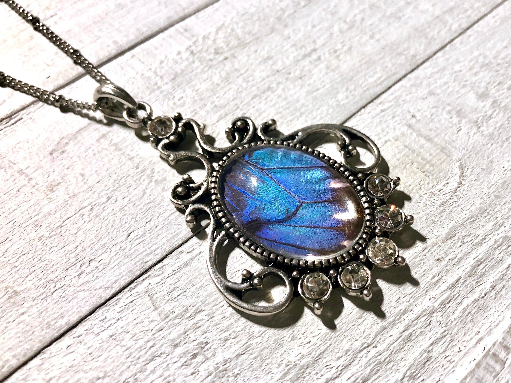 Real butterfly wing necklace Framed blue morpho butterfly necklace sterling silver Pressed butterfly necklace for women birthday gifts