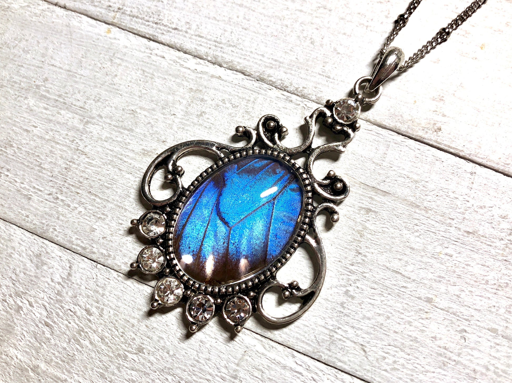 Real butterfly wing necklace Framed blue morpho butterfly necklace sterling silver Pressed butterfly necklace for women birthday gifts