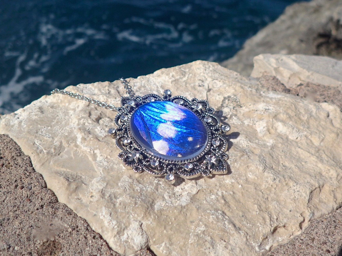 Glowing jewelry REAL Blue Morpho Butterfly Wing Necklace Blue crystal necklace Ocean necklace Antique silver pendant blue sapphire pendant