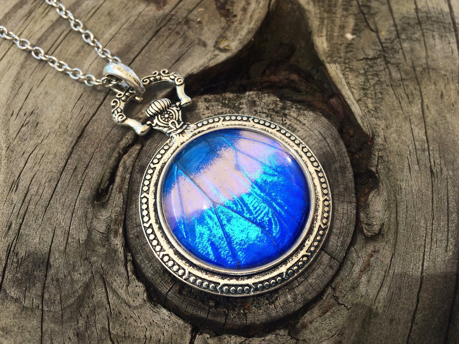 Real Blue Morpho Butterfly Jewelry Butterfly Pocket watch Necklace Large Blue Sapphire Pendant Pocketwatch necklace 1920s style jewelry