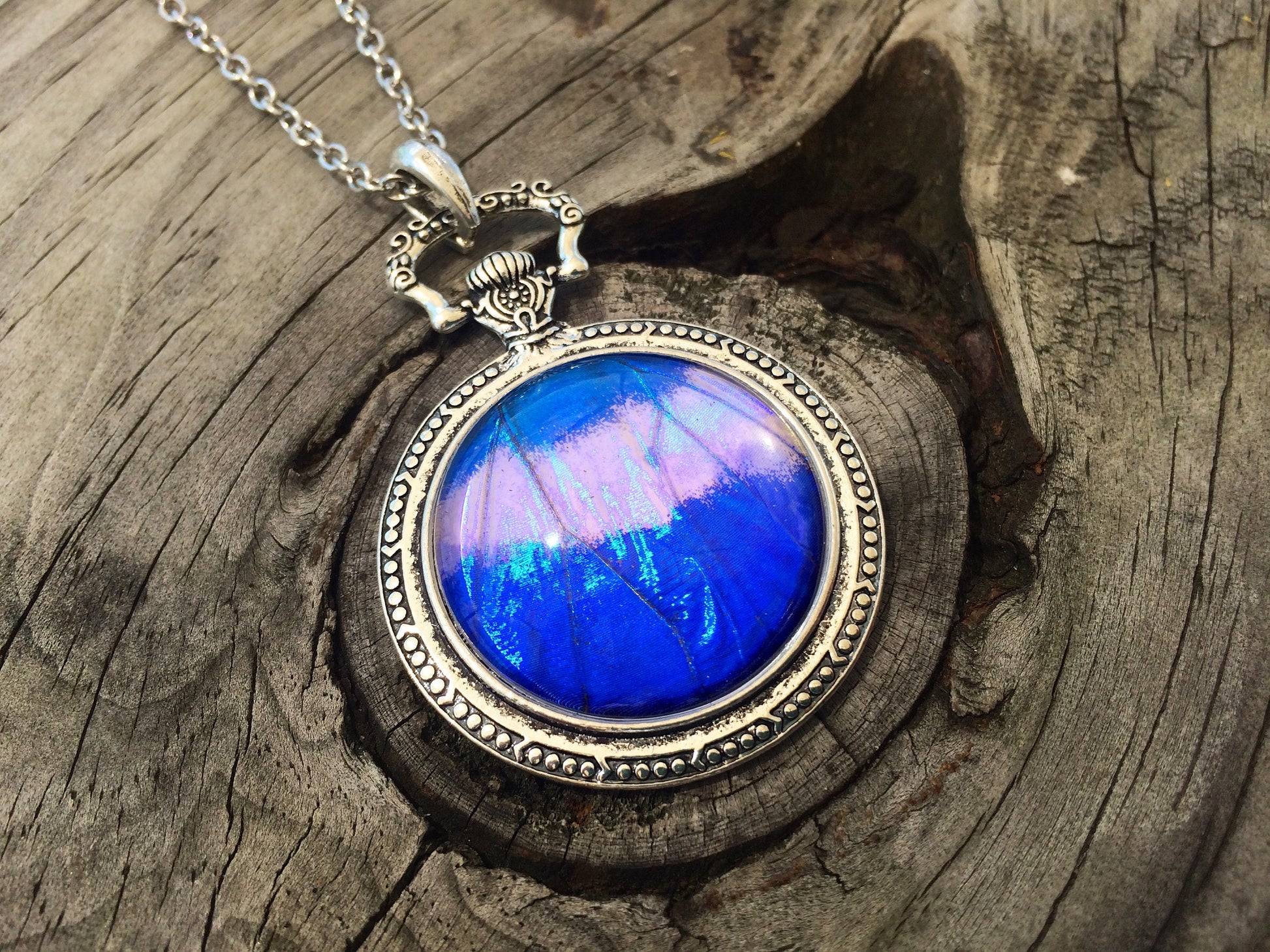 Real Blue Morpho Butterfly Jewelry Butterfly Pocket watch Necklace Large Blue Sapphire Pendant Pocketwatch necklace 1920s style jewelry