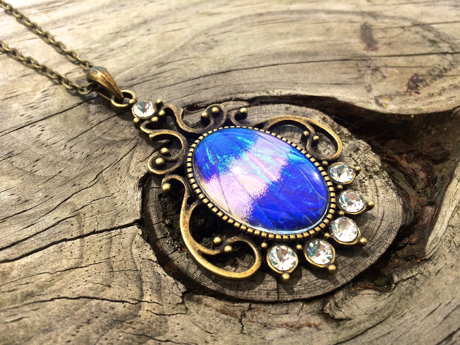 REAL Blue Morpho Butterfly wing necklace Glow necklace Turquoise necklace Vampire Diaries necklace Bright Blue opal Aqua aura quartz crystal